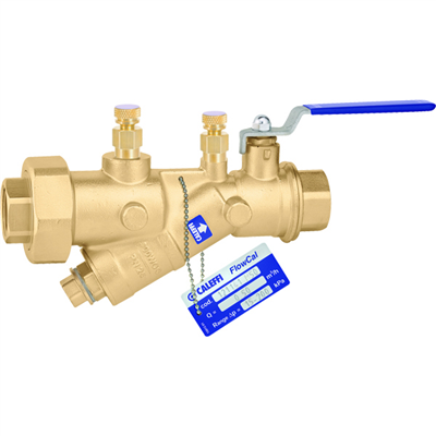 Brass sweat ball valve with blue handle, PT ports, and two small adjustment screws on top.