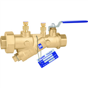Brass ball valve with blue lever handle, two female sweat connections on ends, and PT ports with attached blue calibration ta