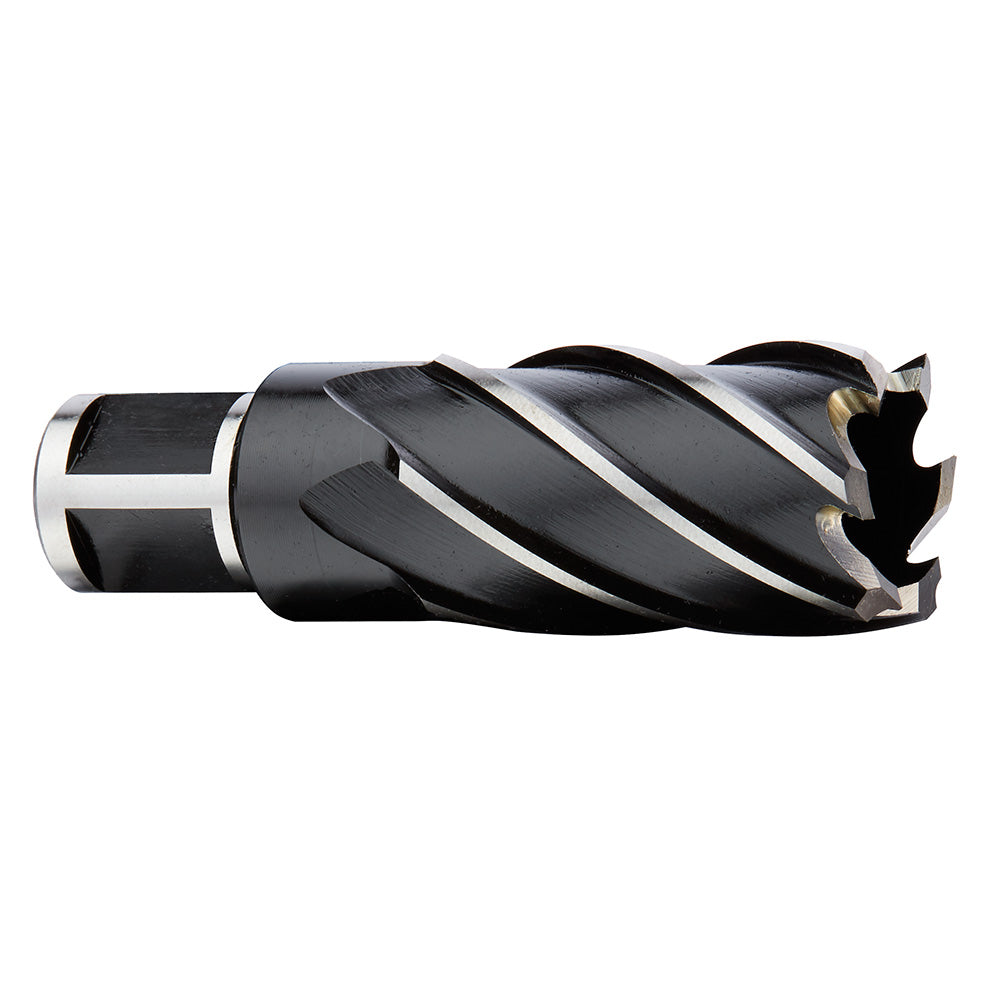 Milwaukee 5/8 in. HSS annular cutter with 2 in. depth, black body with spiral flutes and silver shank.