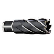 Milwaukee HSS annular cutter with 11/16 inch diameter, spiral flutes, and cylindrical shank with white band.