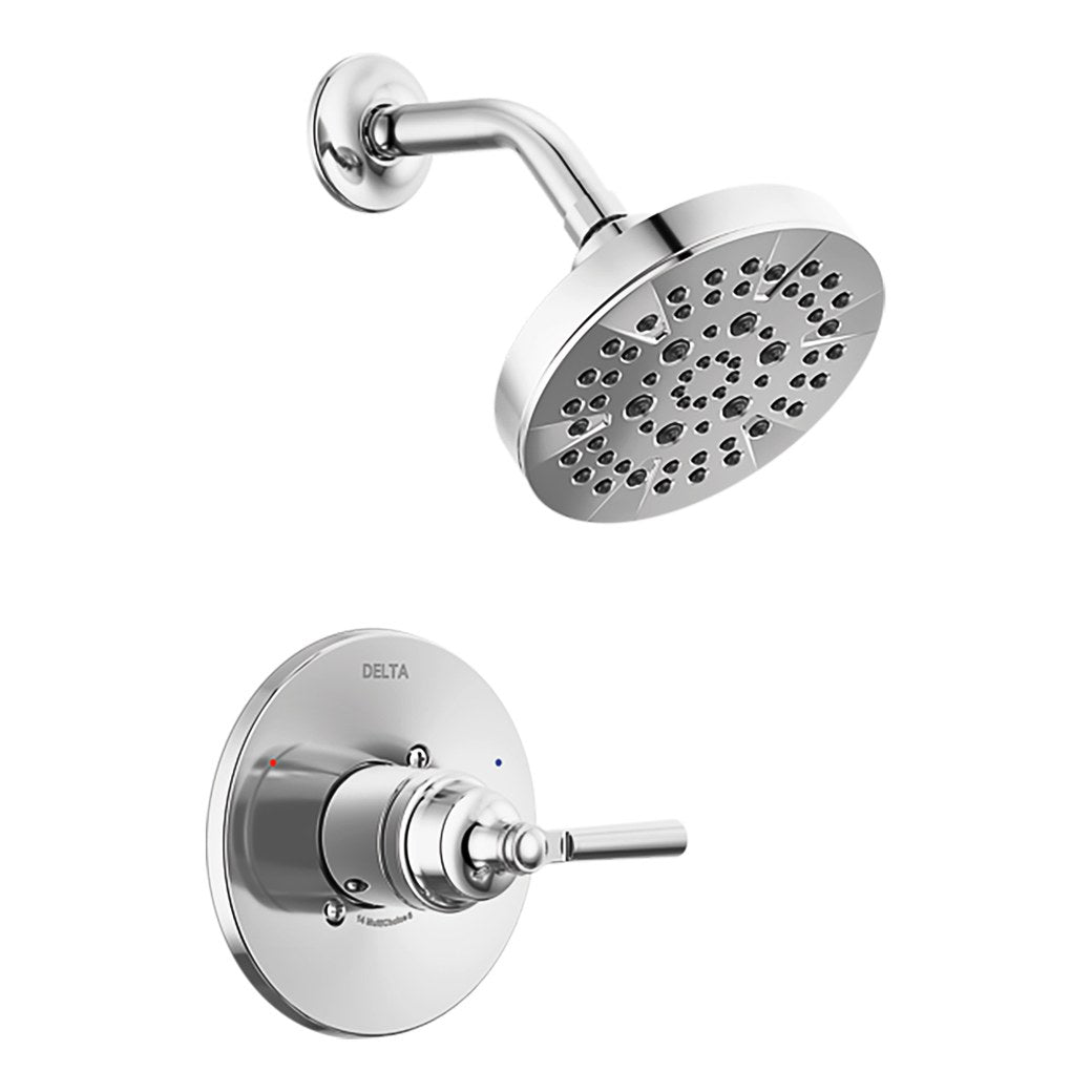 Chrome shower trim with round showerhead, curved arm, and circular valve trim plate with single lever handle.