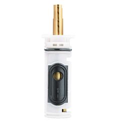 Moen Posi-Temp replacement cartridge with brass stem and black valve body on white housing.