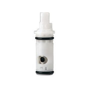 Moen replacement cartridge with white plastic body, black rubber rings, and adjustment valve.