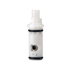 Moen replacement cartridge with white plastic body, black rubber rings, and adjustment valve.