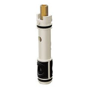Cylindrical white and black faucet cartridge with brass stem and rubber seals.