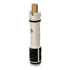 Cylindrical white and black faucet cartridge with brass stem and rubber seals.