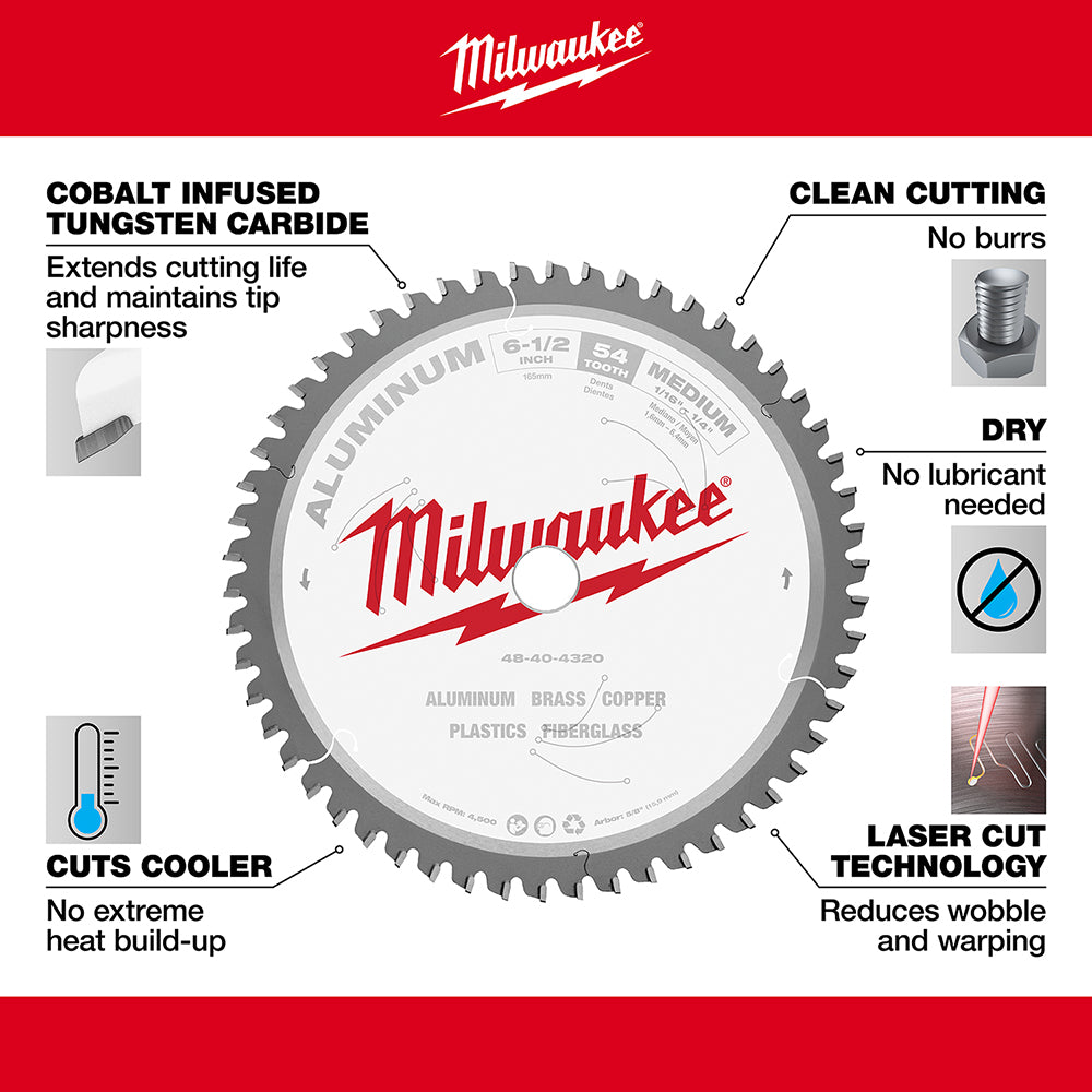 Milwaukee 6-1/2 inch circular saw blade with cobalt infused tungsten carbide teeth for aluminum cutting.