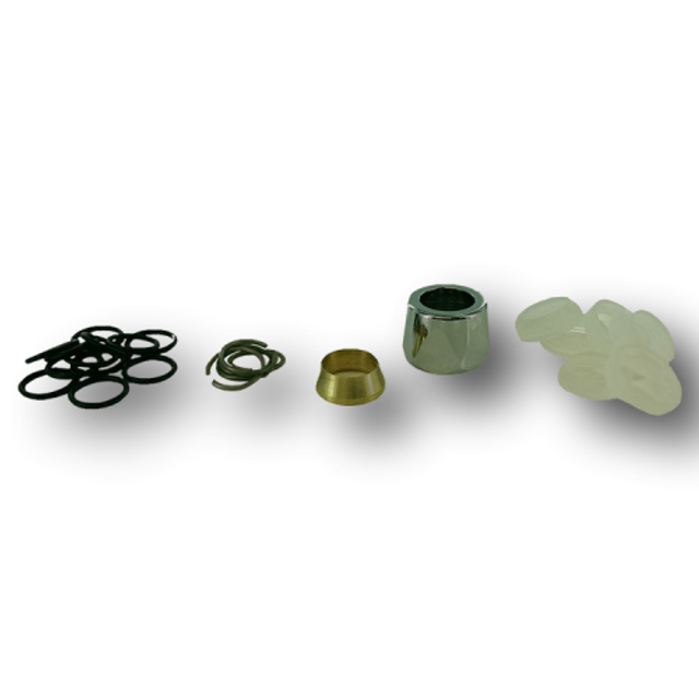 Gooseneck spout repair kit containing black rubber washers, small metal rings, brass collar, chrome ferrule, and translucent 