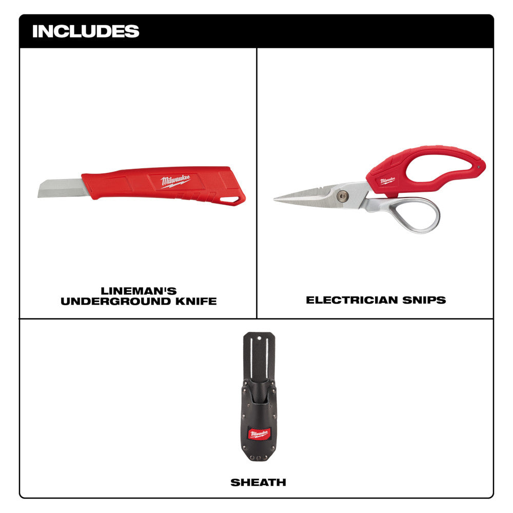 Red Milwaukee cable splicer's kit containing lineman's underground knife, electrician snips, and black protective sheath.
