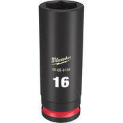 Black deep socket with hexagonal opening, Milwaukee logo, model number, and "16" marking, red grip band at base.