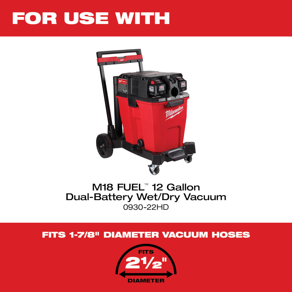 Round brush tool with 2-1/2 inch diameter head designed for use with Milwaukee M18 FUEL wet/dry vacuum systems.