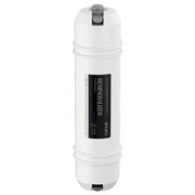 White cylindrical remineralizer cartridge with black label and gray top connector cap.
