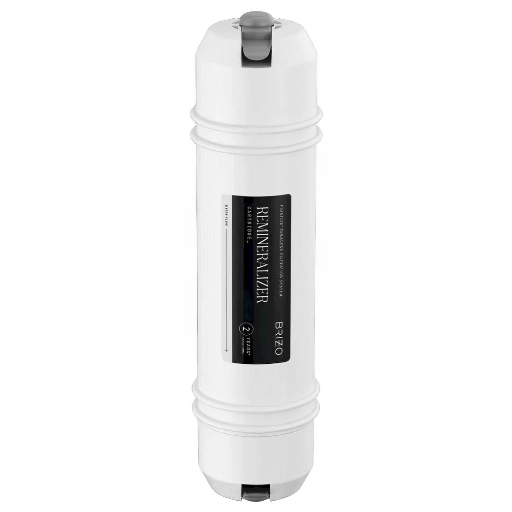 White cylindrical remineralizer cartridge with black label and gray top connector cap.