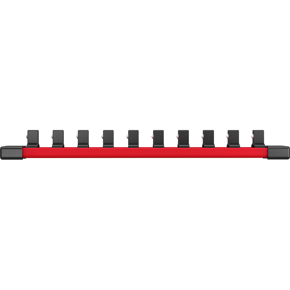 Red and black socket rail with ten black clips for organizing 3/8" drive sockets.