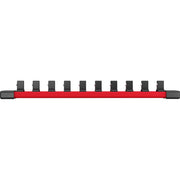 Red and black socket rail with ten black clips for organizing 3/8" drive sockets.