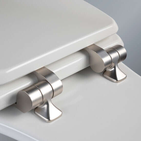 Mayfair by Bemis 126NISLA 000 Benton Elongated Enameled Wood Toilet Seat in White with STA-TITE Seat Fastening System and WhisperClose Brushed Nickel Hinge