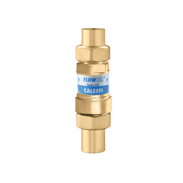 Brass sweat-connect flow control valve with blue Caleffi label and check function.