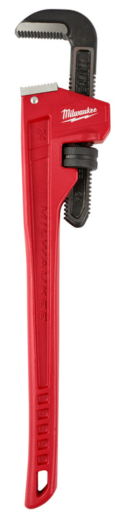 Milwaukee 24 in. steel pipe wrench with red handle and black adjustable jaw.