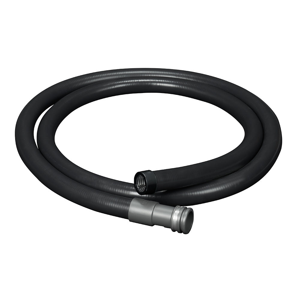 Black flexible hose with metal connectors on both ends, coiled in a loop.