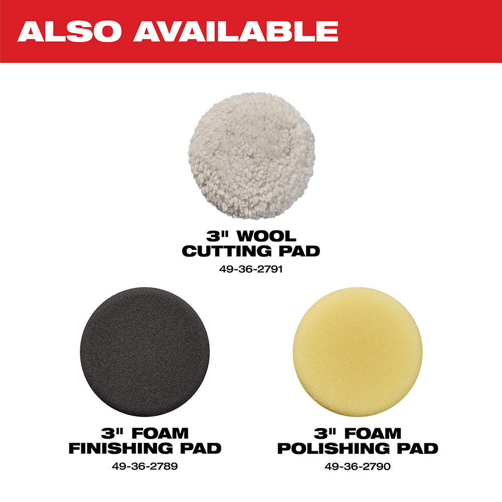 Three circular polishing and sanding pads: white wool cutting pad, black foam finishing pad, and yellow foam polishing pad.
