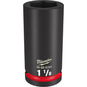 Black cylindrical socket with red grip band and hexagonal opening, marked 1 1/8" and Milwaukee logo.
