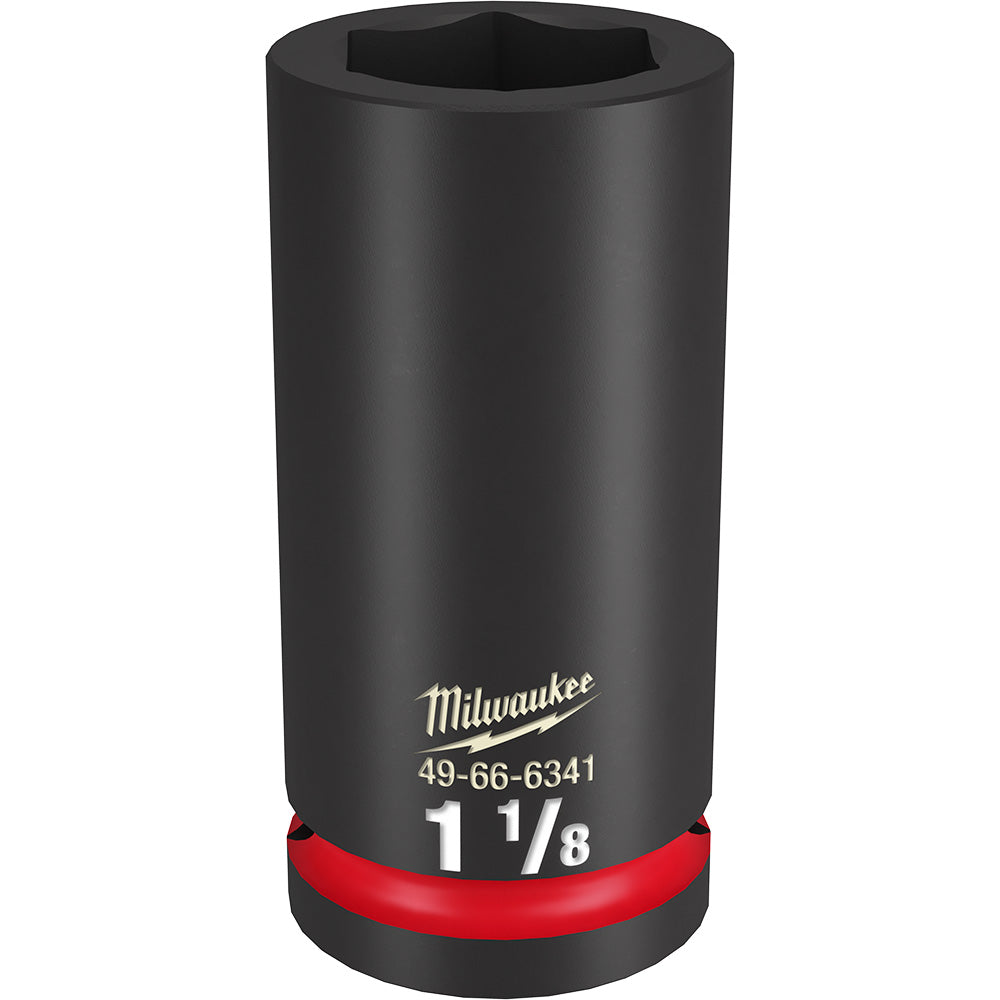 Black cylindrical socket with red grip band and hexagonal opening, marked 1 1/8" and Milwaukee logo.