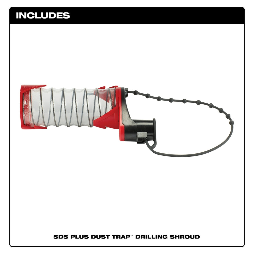 Red and black SDS-Plus dust trap drilling shroud with accordion-style fabric sleeve and flexible hose attachment.