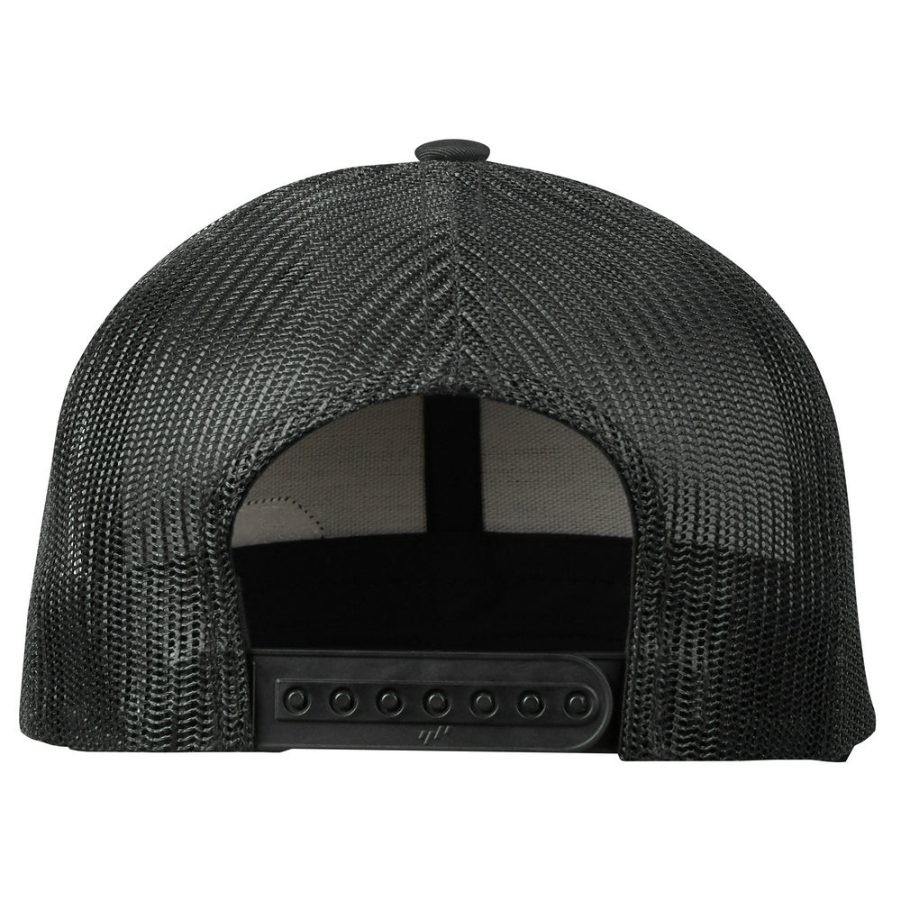 Gray trucker hat with black mesh back panels and snapback closure strap.