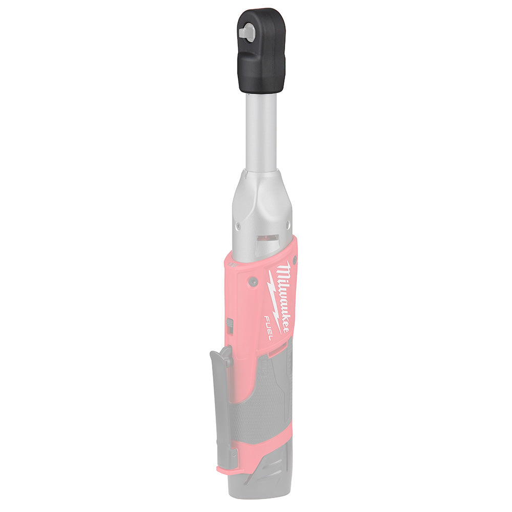 Milwaukee M12 FUEL 1/4 in. extended reach ratchet with red housing, gray grip, and black rubber boot on head.