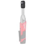 Milwaukee M12 FUEL 1/4 in. extended reach ratchet with red housing, gray grip, and black rubber boot on head.