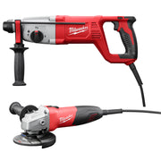 Milwaukee red and black rotary hammer with SDS Plus chuck and 4-1/2" angle grinder with grinding disc.