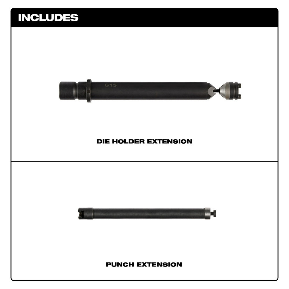 Black die holder extension and punch extension components for M12 FUEL nibbler tool.