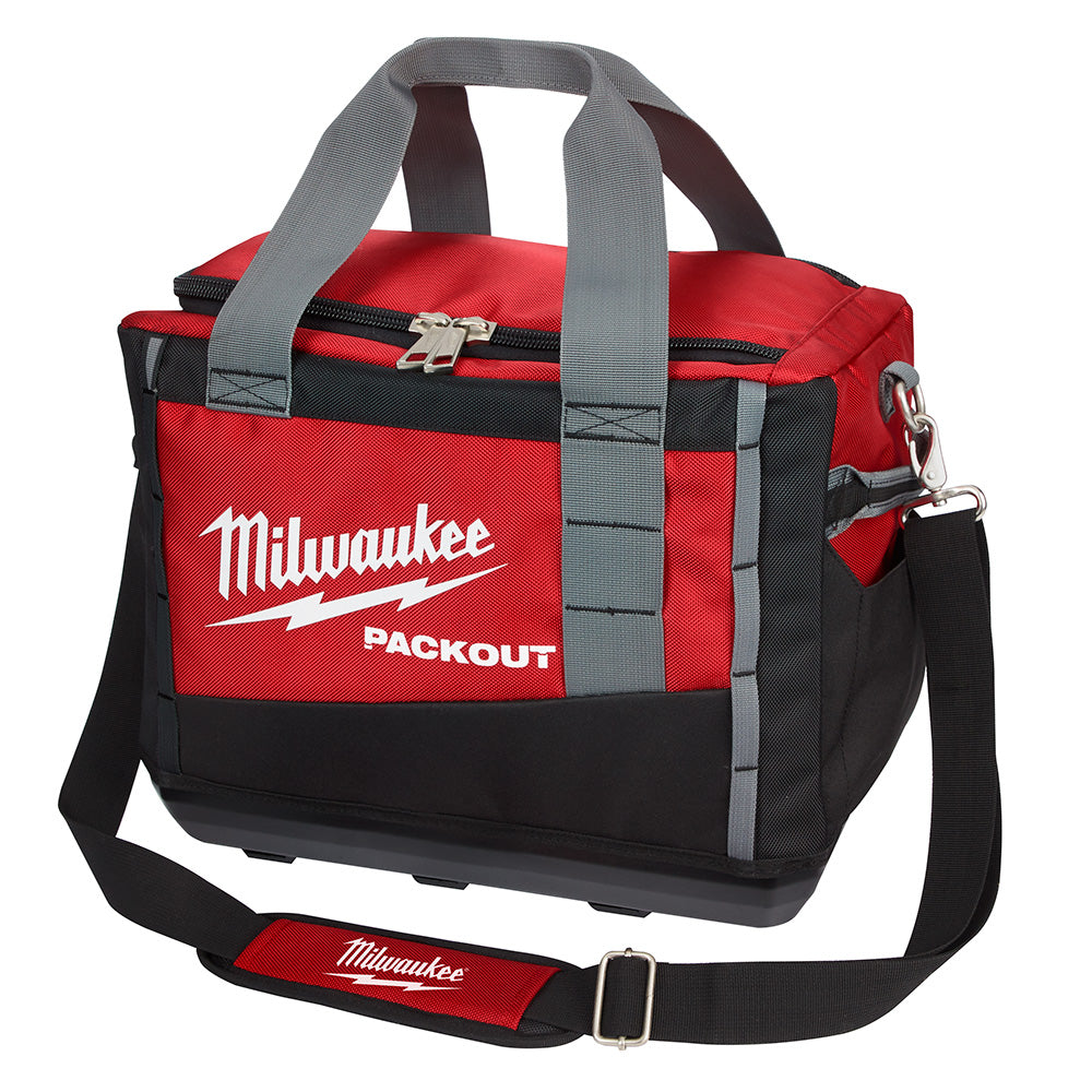 Red and black Milwaukee PACKOUT tool bag with gray handles and shoulder strap.