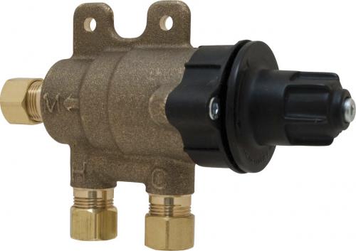 Brass mixing valve with mounting bracket, dual outlet ports, and black control handle.