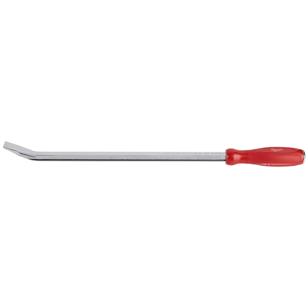 Long metal pry bar with flat curved tip and red handle.