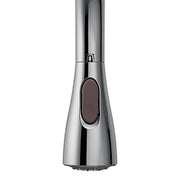Chrome handheld shower wand with trigger button and dark accent panel on handle.