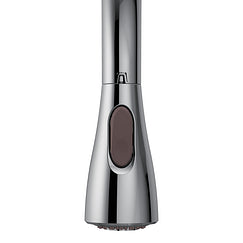 Chrome handheld shower wand with trigger button and dark accent panel on handle.