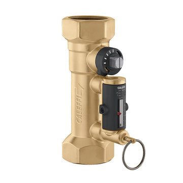 Brass balancing valve with 1-1/2 inch NPT connections, dial adjustment knob, and black actuator component.