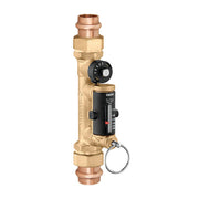 Brass balancing valve with 1 inch press connections, black dial gauge, and adjustment handle.