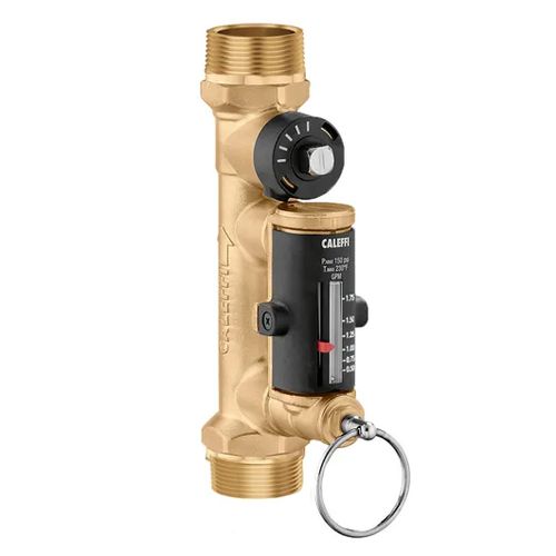 Brass valve body with black dial knob and black component housing, threaded connectors on top and bottom.