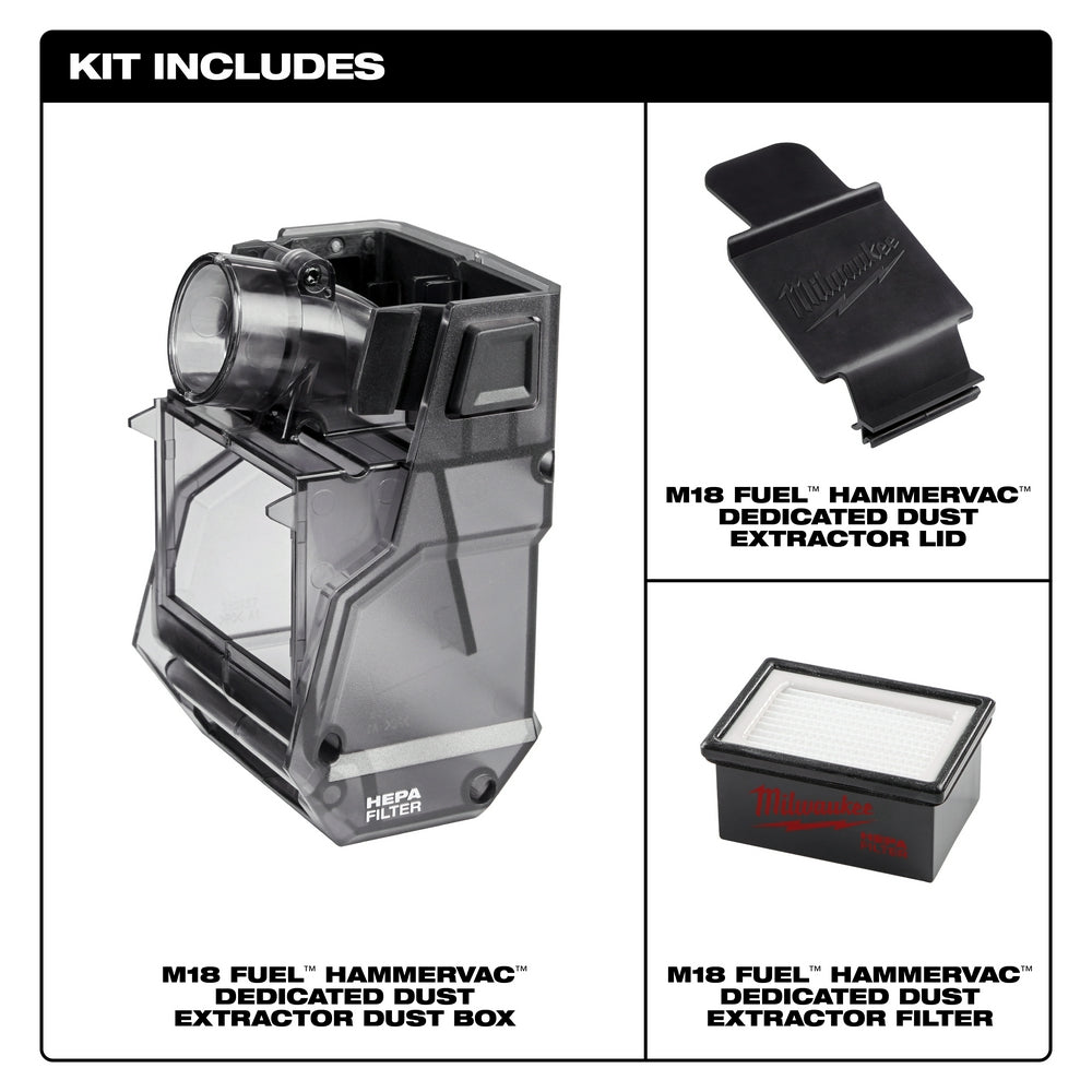M18 HAMMERVAC dust box with HEPA filter, black plastic lid, and rectangular replacement filter.