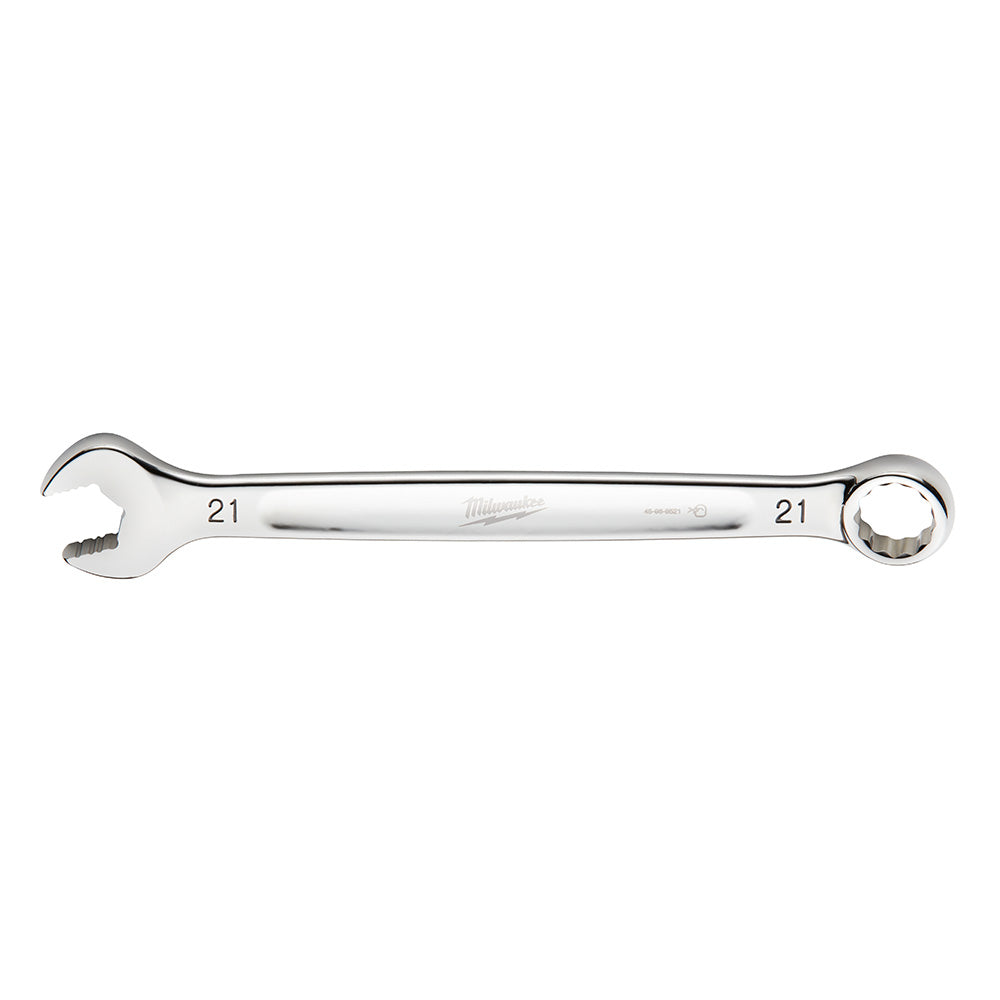 Silver 21mm combination wrench with open end on left and ring end on right, Milwaukee branding on shaft.