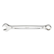 Silver 21mm combination wrench with open end on left and ring end on right, Milwaukee branding on shaft.