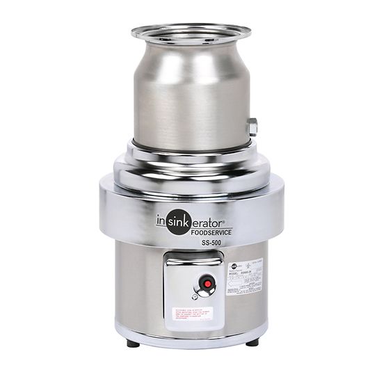 InSinkErator stainless steel foodservice disposer with cylindrical grinding chamber, chrome sink flange, and control panel wi
