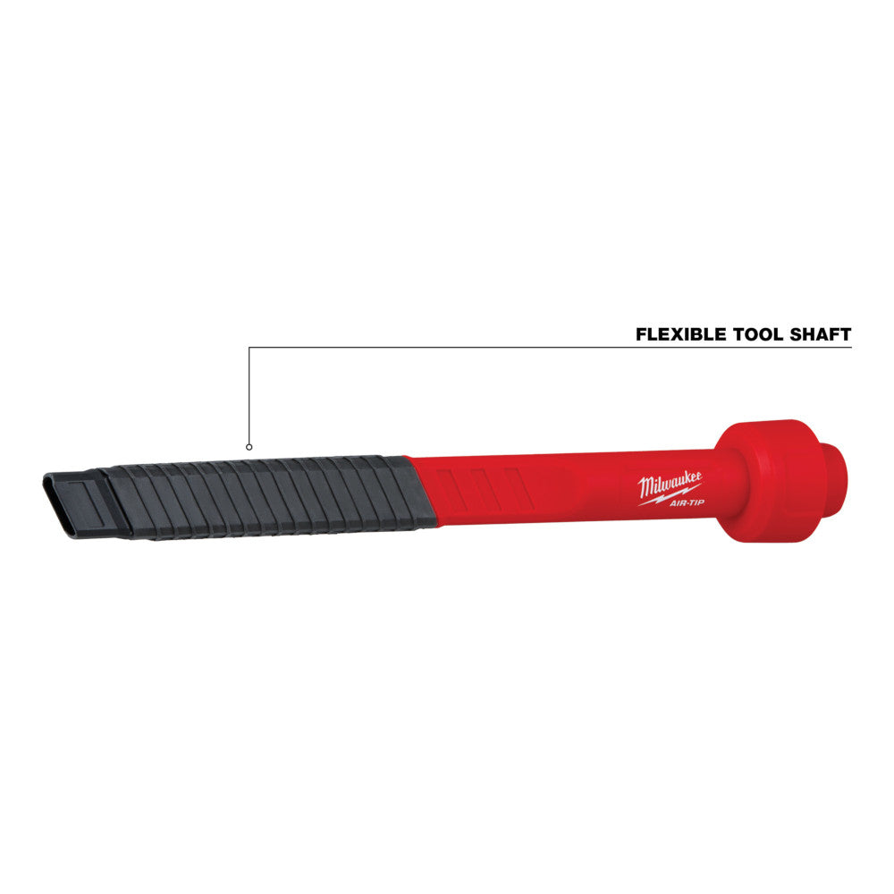 Black ribbed crevice tool with red flexible shaft and round red connector head labeled Milwaukee AIR-TIP.