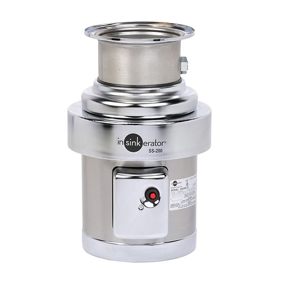 InSinkErator SS-200 stainless steel foodservice disposer with cylindrical chamber, control panel, and drain opening.