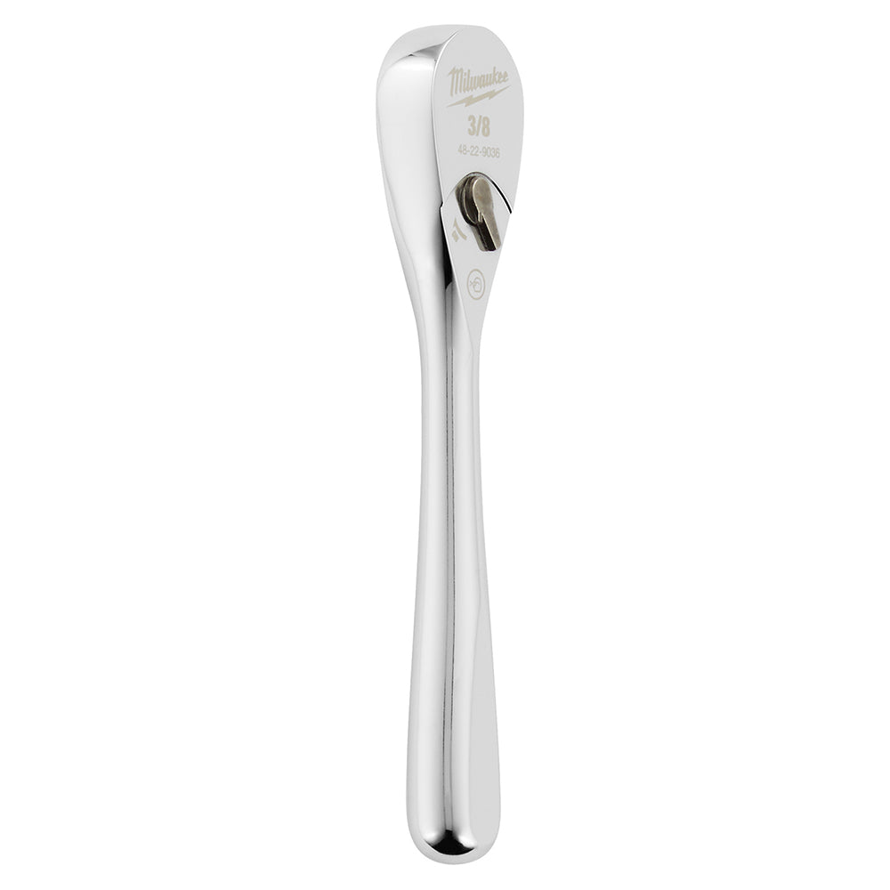 Milwaukee 3/8" drive chrome ratchet with 5" length and control lever at head.