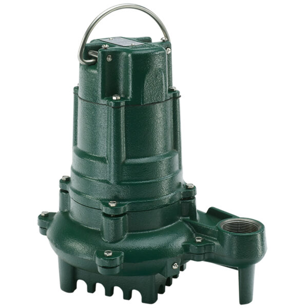 Green cast iron sump pump with metal handle and outlet port on side.