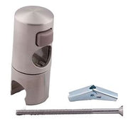 Brushed nickel slider with mounting bracket and installation hardware for slide bar attachment.