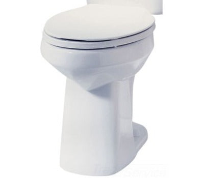 Bone-colored elongated toilet bowl with closed lid and pedestal base.